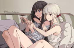 Rule 34 | 2girls, applying manicure, bare arms, bare legs, black hair, bow, clipping nails, couch, grey hair, hair between eyes, hair bow, hand grab, inoue takina, knees up, long hair, long sleeves, lycoris recoil, multiple girls, nail clippers, neko (yanshoujie), nishikigi chisato, on couch, open mouth, purple eyes, red bow, red eyes, shirt, short hair, sitting, sleeveless, sleeveless shirt, smile, striped clothes, striped shirt, white shirt, yuri