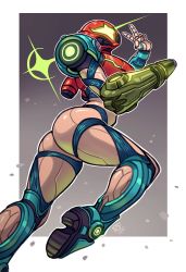 Rule 34 | 1girl, absurdres, arm cannon, armor, ass, full body, glowing, helmet, highres, looking at viewer, metroid, metroid dread, nintendo, power armor, ravenousruss, samus aran, science fiction, sidelocks, simple background, solo, v, weapon