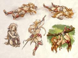 Rule 34 | 1girl, armor, barefoot, blush, braid, breasts, character sheet, feet, fighting stance, fingerless gloves, freckles, gloves, hanging on tree, highres, les chevaucheurs, long hair, maxa&#039;, midriff, navel, phenice walholl, polearm, red hair, scar, sitting, soles, spear, toeless legwear, toes, tree, underboob, weapon
