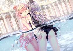 Rule 34 | 2girls, ;d, air bubble, ass, barefoot, bikini, black one-piece swimsuit, blonde hair, blue eyes, blurry, blurry background, blush, bubble, depth of field, frilled swimsuit, frills, grey hair, hair ornament, heart, heart-shaped pupils, highres, holding hands, interlocked fingers, long hair, missile228, multiple girls, nail polish, navel, one-piece swimsuit, one eye closed, open mouth, original, partially submerged, partially underwater shot, pink bikini, pink nails, profile, purple nails, red eyes, smile, swimsuit, symbol-shaped pupils, very long hair, water, yuri