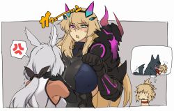 Rule 34 | 3girls, animal ears, blonde hair, breasts, caenis (fate), dark-skinned female, dark skin, elbow gloves, barghest (fate), barghest (second ascension) (fate), fate/grand order, fate (series), gloves, large breasts, long hair, low ponytail, mikoyan, mordred (fate), mordred (fate/apocrypha), multiple girls, saliva, tail, tail wagging, white hair
