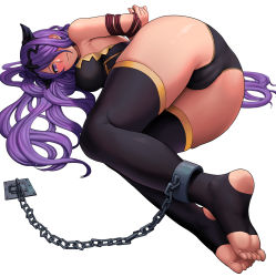 Rule 34 | 1girl, arms behind back, ass, barefoot, bdsm, blush, bondage, bound, cameltoe, camilla (fire emblem), feet, fire emblem, fire emblem fates, hair over one eye, highres, lasterk, looking at viewer, lying, nintendo, no shoes, on side, purple hair, simple background, soles, solo, thighhighs, toeless legwear, toes