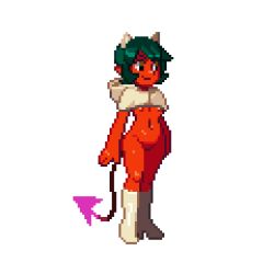 Rule 34 | 1girl, animated, animated gif, bad id, bad tumblr id, bouncing, breasts, brown eyes, capelet, colored skin, crop top, demon girl, green hair, helvetica (succubus game), high heels, horns, kneehighs, navel, nipple slip, nipples, noill, pixel art, pointy ears, red skin, short hair, simple background, small breasts, smile, socks, solo, standing, succubus game, tail, white background