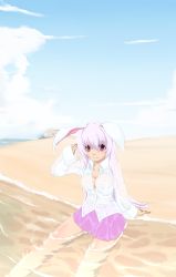 Rule 34 | 1girl, animal ears, bad id, bad pixiv id, beach, breasts, rabbit ears, cleavage, female focus, hayagiri, highres, large breasts, long hair, pink eyes, reisen udongein inaba, shirt, solo, touhou, wet, wet clothes, wet shirt, white hair