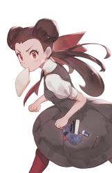 Rule 34 | 1girl, absurdres, blush, bread, bread slice, brown hair, clenched hand, commentary request, creatures (company), dress, eraser, eyelashes, floating hair, food, food in mouth, from side, game freak, gen 3 pokemon, grey dress, hair ribbon, highres, holding, long hair, looking at viewer, looking to the side, mouth hold, nintendo, nosepass, odd (hin yari), pantyhose, pen, pencil, pencil case, pokemon, pokemon (creature), pokemon oras, red eyes, red pantyhose, red ribbon, ribbon, roxanne (pokemon), ruler, shirt, short sleeves, simple background, solo, sweatdrop, themed object, toast, toast in mouth, twintails, v-shaped eyebrows, white background, white shirt