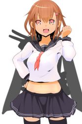 Rule 34 | 10s, brown eyes, brown hair, fang, hair ornament, hairclip, highres, ikazuchi (kancolle), ishikkoro, kantai collection, midriff, navel, open mouth, personification, school uniform, serafuku, short hair, skirt, smile, solo, thighhighs