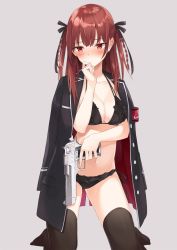 Rule 34 | 1girl, azuuru, bad id, bad twitter id, black bra, black coat, black panties, black ribbon, black thighhighs, blush, bra, braid, breasts, closed mouth, coat, collarbone, commentary request, desert eagle, finger on trigger, frilled bra, frilled panties, frills, grey background, gun, hair between eyes, hair ribbon, hand on own chin, hand up, handgun, highres, holding, holding weapon, long hair, looking away, medium breasts, mole, mole on breast, no shoes, open clothes, original, panties, pistol, red eyes, red hair, ribbon, solo, thighhighs, two side up, underwear, weapon