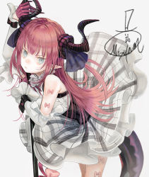 Rule 34 | aqua eyes, bare shoulders, bow, closed mouth, cowboy shot, curled horns, detached sleeves, dragon tail, dress, elizabeth bathory (fate), elizabeth bathory (fate/extra ccc), elizabeth bathory (second ascension) (fate), fate (series), frills, frown, gloves, grey dress, hair ribbon, holding, horns, leaning forward, long hair, looking at viewer, mizutame tori, pink bow, pink hair, plaid, pointy ears, pout, ribbon, signature, simple background, solo, standing, tail, white background, wrist cuffs
