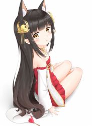 Rule 34 | 1girl, animal ears, azur lane, bare shoulders, barefoot, black hair, brown eyes, detached sleeves, dress, fox ears, from behind, hair ornament, highres, long hair, looking back, minoshi, nagato (azur lane), open mouth, red dress, short dress, sitting, solo, strapless, strapless dress