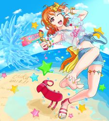 Rule 34 | 1girl, ;), a chika-tastic summer (love live!), absurdres, alternate hairstyle, antenna hair, aqua nails, artist name, artist request, bare legs, bare shoulders, barefoot, beach, bikini, bikini under clothes, blue pants, blue shorts, blue sky, blush, bow, bracelet, braid, breasts, bridal garter, cleavage, clothes writing, cloud, collarbone, day, earrings, feet, female focus, food-themed hair ornament, full body, hair bow, hair ornament, hairclip, halterneck, heart (symbol), high heels, highres, holding, holding water gun, jewelry, looking at viewer, love live!, love live! school idol festival, love live! school idol festival all stars, love live! sunshine!!, medium hair, nail, nail polish, ocean, off-shoulder shirt, off shoulder, one eye closed, open fly, orange bow, orange hair, orange hair ornament, orange nails, outdoors, pants, parted bangs, parted lips, pearl bracelet, pink bikini, pink footwear, polka dot, polka dot bow, ponytail, red eyes, ribbon, sandals, see-through, see-through shirt, see-through sleeves, shirt, short hair, short sleeves, shorts, side braid, side ponytail, single braid, sky, small breasts, smile, solo, star (symbol), strap slip, striped bikini, striped bow, striped clothes, striped pants, striped shorts, striped tank top, suspenders, suspenders hanging, swimsuit, takami chika, tank top, teeth, thighlet, toenail polish, toenails, triangle hair ornament, two-tone bikini, unworn footwear, v, v over eye, vertical-striped clothes, vertical-striped shorts, water gun, wink, wrist bow, yellow bow, yellow ribbon
