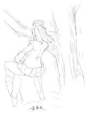 Rule 34 | 10s, branch, carrying, from behind, garrison cap, girls und panzer, greyscale, hat, highres, hitting, itsumi erika, jacket, kuromorimine military uniform, long hair, long sleeves, military, military uniform, miniskirt, monochrome, motion lines, pleated skirt, shoulder carry, sketch, skirt, toritori, translation request, tree, uniform