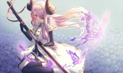 Rule 34 | 1girl, black gloves, black thighhighs, blush, breasts, bug, butterfly, butterfly hair ornament, collared dress, dress, elbow gloves, field, fingerless gloves, flower, flower field, gloves, glowing butterfly, gold trim, granblue fantasy, hair ornament, hair over one eye, haires, holding, holding sword, holding weapon, horns, insect, katana, large breasts, light rays, long hair, looking at viewer, narmaya (granblue fantasy), outdoors, pink eyes, pink hair, pointy ears, purple flower, purple rose, rose, scabbard, sheath, sideboob, sidelocks, single thighhigh, sitting, sleeveless, sleeveless dress, smile, sunbeam, sunlight, sword, thigh strap, thighhighs, very long hair, wariza, weapon, white dress