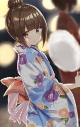 Rule 34 | 1girl, blue kimono, blurry, blurry background, blush, bow, brown eyes, brown hair, cotton candy, floral print, from side, hair bun, highres, japanese clothes, kichi (kichifav), kimono, large bow, long sleeves, mole, mole under eye, multicolored clothes, multicolored kimono, original, single hair bun, smile, solo, wide sleeves, yukata
