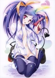 Rule 34 | 00s, 1girl, blue hair, blue thighhighs, blush, bow, bow panties, breasts, bubble, demon, demon tail, gun, hair ribbon, head tilt, kawai ameri, kneeling, long hair, lump of sugar, midriff, moekibara fumitake, navel, nipples, no bra, non-web source, open clothes, open mouth, open shirt, panties, panty pull, pink eyes, purple eyes, purple panties, ribbon, school uniform, see-through, shirt, sitting, small breasts, smile, solo, tail, tayutama, thighhighs, twintails, unbuttoned, underwear, water gun, weapon, wet, wet clothes