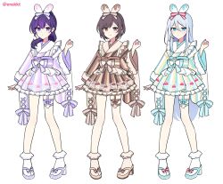 Rule 34 | 3girls, alternate color, animal ears, arm at side, asahina mafuyu, back bow, blue footwear, blue kimono, bow, braid, brown bow, brown eyes, brown footwear, brown hair, brown kimono, brown socks, cherry print, closed mouth, commentary request, cross-laced clothes, cross-laced sleeves, fake animal ears, food print, footwear bow, frilled kimono, frilled socks, frills, full body, grey footwear, hair between eyes, hair bow, hand up, high ponytail, highres, japanese clothes, kimono, looking at viewer, multiple girls, okobo, project sekai, purple bow, purple eyes, purple hair, purple kimono, rabbit ears, sandals, sash bow, shinonome ena, short kimono, simple background, smile, socks, tabi, thigh strap, waka (wk4444), white background, white hair, white socks, wide sleeves, yoisaki kanade