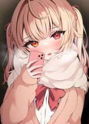 Rule 34 | 1girl, ahoge, blonde hair, blush, bow, bowtie, brown cardigan, cardigan, cellphone, heterochromia, holding, holding phone, hoshikawa sara, hoshikawa sara (4th costume), long sleeves, looking at viewer, namagome negi, nijisanji, open mouth, orange eyes, phone, red bow, red bowtie, red eyes, scarf, shirt, sidelocks, sleeves past wrists, smartphone, solo, twintails, upper body, virtual youtuber, white shirt