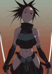 Rule 34 | 1girl, abs, armor, ayame (tenchuu), bandaged arm, bandaged hand, bandages, bare shoulders, black eyes, black hair, breasts, closed mouth, crack, dual wielding, gradient background, half-closed eyes, hip vent, holding, holding sword, holding weapon, kunoichi, large breasts, looking at viewer, medium hair, navel, ngra201, ninja, solo, sword, tenchuu, toned, toned female, vambraces, weapon