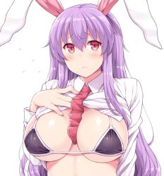 Rule 34 | 1girl, amane hasuhito, animal ears, bad id, bad pixiv id, between breasts, bikini, bikini top only, black bikini, breasts, cleavage, fingernails, flying sweatdrops, large breasts, long hair, looking at viewer, necktie, necktie between breasts, pink eyes, purple hair, rabbit ears, red necktie, reisen udongein inaba, simple background, solo, swimsuit, touhou, very long hair, white background, wing collar
