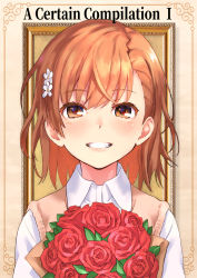 Rule 34 | 1girl, :d, blush, bouquet, brown eyes, brown hair, collared shirt, commentary request, english text, flower, grin, hair flower, hair ornament, misaka mikoto, open mouth, outside border, picture frame, raika9, red flower, red rose, roman numeral, rose, shirt, short hair, smile, solo, sweater vest, teeth, toaru kagaku no railgun, toaru majutsu no index, upper body, white flower, white shirt, wing collar