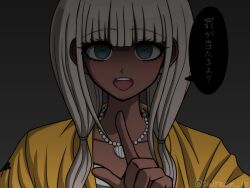 Rule 34 | 1girl, :d, bead necklace, beads, bikini, collarbone, danganronpa (series), danganronpa v3: killing harmony, dark-skinned female, dark skin, gradient background, grey eyes, grey hair, highres, jacket, jewelry, long hair, low twintails, necklace, open mouth, portrait, shell, shell necklace, smile, solo, speech bubble, suiren yurei, swimsuit, teeth, translation request, twintails, upper teeth only, white bikini, yellow jacket, yonaga angie