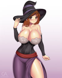 Rule 34 | 1girl, atlus, bare shoulders, blush, breasts, brown eyes, brown hair, bustier, cleavage, collarbone, detached sleeves, dragon&#039;s crown, dress, gradient background, grigorart, hat, large breasts, long hair, looking at viewer, no bra, sash, smile, solo, sorceress (dragon&#039;s crown), thighs, witch hat