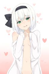 Rule 34 | 1girl, bad id, bad twitter id, black ribbon, blush, bottomless, breasts, eyebrows, gradient background, green eyes, hair ribbon, head tilt, heart, highres, konpaku youmu, long sleeves, looking at viewer, lovestruck, naked shirt, navel, no bra, off shoulder, open clothes, open shirt, out-of-frame censoring, parted lips, pink background, ribbon, saple, shirt, simple background, small breasts, smile, solo, teeth, touhou, two-tone background, white background, white hair, white shirt