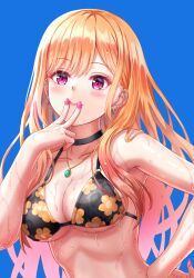 Rule 34 | 1girl, armpits, barbell piercing, bikini, black bikini, black choker, blonde hair, blue background, blush, breasts, choker, cleavage, closed mouth, collarbone, ear piercing, earrings, fingers to mouth, floral print, gyaru, hand on own hip, highres, industrial piercing, jewelry, kitagawa marin, lips, long hair, medium breasts, multiple earrings, nail polish, necklace, nervous sweating, nonoa-cg, piercing, pink nails, purple eyes, sexually suggestive, solo, sono bisque doll wa koi wo suru, stud earrings, sweat, swimsuit, underboob, upper body, v, very sweaty, yonic symbol