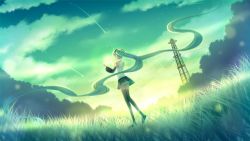 Rule 34 | 1girl, absurdly long hair, backlighting, bad id, bad pixiv id, blouse, grass, green hair, green theme, hatsune miku, highres, long hair, meadow, outdoors, sakakidani, scenery, shirt, shooting star, sky, sleeveless, sleeveless shirt, solo, star (sky), thighhighs, transmission tower, twintails, utility pole, very long hair, vocaloid, wide shot