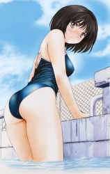 Rule 34 | 00s, 1girl, absurdres, ass, breasts, chain-link fence, competition school swimsuit, day, fence, from behind, from below, highres, kobayashi hiyoko, looking at viewer, medium breasts, official art, oku-sama wa joshi kousei, one-piece swimsuit, onohara asami, outdoors, pool, poolside, school swimsuit, solo, standing, swimsuit, wading, wet