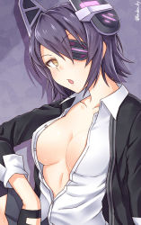 Rule 34 | 10s, 1girl, :o, artist name, bad id, bad pixiv id, between breasts, black jacket, breasts, buttons, checkered clothes, checkered necktie, checkered neckwear, cleavage, collarbone, dress shirt, eyepatch, headgear, jacket, kanden sky, kantai collection, long sleeves, necktie, necktie between breasts, open clothes, open mouth, open shirt, purple background, purple hair, revision, shirt, short hair, solo, tenryuu (kancolle), text focus, twitter username, underboob, yellow eyes