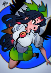 Rule 34 | 1girl, arm cannon, bird wings, black eyes, black footwear, black hair, black wings, blue cape, bow, breasts, cape, collared shirt, commentary request, control rod, full body, green bow, green skirt, grey background, hair between eyes, hair bow, halftone, highres, jumping, large breasts, leaf st, long hair, looking afar, medium bangs, open mouth, puffy short sleeves, puffy sleeves, reiuji utsuho, shirt, short sleeves, signature, skirt, solo, third eye, touhou, two-sided cape, two-sided fabric, weapon, white cape, white shirt, wings