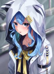 Rule 34 | 1girl, absurdres, black shirt, blue eyes, blue hair, blurry, blush, commentary request, depth of field, highres, hololive, hood, hood up, hooded jacket, hoshimachi suisei, hoshimachi suisei (school uniform), jacket, long hair, long sleeves, looking at viewer, neckerchief, official alternate costume, open clothes, open jacket, sailor collar, shirt, solo, tongue, tongue out, una hirag, upper body, virtual youtuber, white jacket, yellow neckerchief