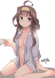 Rule 34 | 1girl, ahoge, artist name, breasts, brown hair, collared shirt, commentary request, cup, double bun, hair bun, hairband, highres, kantai collection, kongou (kancolle), long hair, medium breasts, no bra, no panties, osamada meika, purple eyes, shirt, simple background, sitting, solo, striped clothes, striped shirt, teacup, wariza, white background
