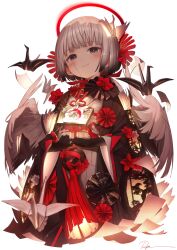 Rule 34 | 1girl, black gloves, blunt bangs, closed mouth, commentary, ema, feathered wings, flower, gloves, grey eyes, grey hair, grey kimono, grey wings, hair ornament, halo, highres, japanese clothes, kimono, light blush, long sleeves, looking at viewer, origami, original, paper crane, red flower, ryota (ry o ta), short hair, signature, simple background, smile, solo, standing, symbol-only commentary, tassel, upper body, white background, wide sleeves, wings