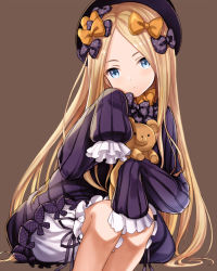 Rule 34 | 1girl, abigail williams (fate), bad id, bad pixiv id, black bow, black dress, black hat, blonde hair, bloomers, blue eyes, bow, brown background, bug, butterfly, closed mouth, commentary request, dress, fate/grand order, fate (series), forehead, hair bow, hat, head tilt, hugging object, insect, long hair, long sleeves, looking at viewer, nekogohan, orange bow, parted bangs, polka dot, polka dot bow, simple background, sitting, sleeves past fingers, sleeves past wrists, solo, stuffed animal, stuffed toy, teddy bear, underwear, very long hair, white bloomers