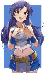 Rule 34 | 1girl, :d, absurdres, belt, blue background, blue hair, blush, brown hair, commentary request, cowboy shot, groin, hand on own chest, happy birthday, highres, idol, idolmaster, idolmaster (classic), idolmaster million live!, jewelry, kisaragi chihaya, long hair, looking at viewer, miniskirt, multicolored hair, navel, necklace, open mouth, shirt, shuucream (syuichi), simple background, skirt, sleeveless, sleeveless shirt, smile, solo, two-tone hair