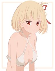 Rule 34 | 1girl, anho, bare shoulders, bikini, blonde hair, breasts, cleavage, closed mouth, collarbone, criss-cross halter, framed, frilled bikini, frills, hair ribbon, half-closed eyes, halterneck, large breasts, looking at viewer, lycoris recoil, medium breasts, navel, nishikigi chisato, red eyes, red ribbon, ribbon, short hair, signature, solo, stomach, swimsuit, upper body, white bikini