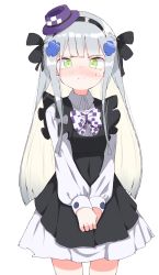 Rule 34 | 1girl, 3:, black bow, black dress, black hairband, blush, bow, closed mouth, collared shirt, commentary, cowboy shot, dress, dress shirt, facial mark, girls&#039; frontline, green eyes, hair bow, hair ornament, hairband, hat, highres, hk416 (black kitty&#039;s gift) (girls&#039; frontline), hk416 (girls&#039; frontline), long hair, long sleeves, mini hat, nose blush, official alternate costume, pleated skirt, puffy long sleeves, puffy sleeves, purple headwear, shirt, silver hair, simple background, skirt, sleeveless, sleeveless dress, sleeves past wrists, solo, tilted headwear, tosyeo, very long hair, white background, white bow, white shirt, white skirt