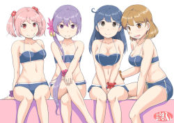 Rule 34 | 4girls, ahoge, akebono (kancolle), bandaid, bandaid on cheek, bandaid on face, black hair, breasts squeezed together, breasts, brown eyes, brown hair, cleavage, collarbone, dolphin shorts, kantai collection, large breasts, crossed legs, medium breasts, mimofu (fullhighkick), multiple girls, oboro (kancolle), open mouth, pink eyes, pink hair, purple eyes, purple hair, sazanami (kancolle), scrunchie, shorts, side ponytail, sitting, small breasts, smile, twintails, ushio (kancolle)