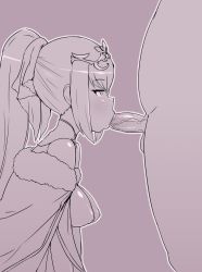 Rule 34 | 1girl, cape, fate/grand order, fate (series), fellatio, from side, highres, long hair, monochrome, nipples, oral, outline, penis, ponytail, profile, purple background, purple theme, rei (rei rr), scathach (fate), scathach skadi (fate), scathach skadi (third ascension) (fate), simple background, tiara, uncensored, white outline