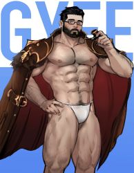Rule 34 | 1boy, abs, bara, beard, body hair, bulge, chest hair, dopey (dopq), facial hair, fundoshi, gyee, highres, jacket, jacket on shoulders, japanese clothes, large pectorals, looking at viewer, male focus, male underwear, manly, muscular, nipples, pectorals, simple background, solo, thick thighs, thighs, topless male, underwear, vundo (gyee), white male underwear