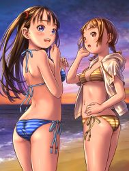 Rule 34 | 2girls, ass, ass focus, back, belly, bikini, blue eyes, blush, braided pigtails, breasts, brown eyes, brown hair, colorized, from behind, hair tie, hand on own hip, hand on own cheek, hand on own face, hands up, highres, long hair, looking at viewer, looking to the side, multiple girls, open mouth, original, raised eyebrows, short hair, sideboob, smile, swimsuit, thighs, underboob, wadachitokakeru