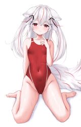 Rule 34 | 1girl, absurdres, animal ears, barefoot, breasts, commission, competition swimsuit, covered navel, fox ears, fox girl, fox tail, guild cq, highleg, highleg swimsuit, highres, kurenagi eri, long hair, looking at viewer, multicolored hair, ncontrail (mgax7527), one-piece swimsuit, red eyes, red hair, red one-piece swimsuit, simple background, sitting, skeb commission, small breasts, solo, streaked hair, swimsuit, tail, two-tone hair, two-tone swimsuit, virtual youtuber, wariza, white background, white hair