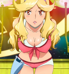 Rule 34 | 10s, 1girl, arms behind back, blonde hair, blush, boobies uniform, breasts, cleavage, covered erect nipples, hairband, highres, honey (space dandy), large breasts, leaning forward, long hair, looking at viewer, pink eyes, screencap, shorts, space dandy, standing