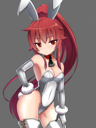 Rule 34 | 1girl, animal ears, ascot, black ascot, breasts, cowboy shot, detached collar, elbow gloves, elesis (elsword), elsword, fake animal ears, gloves, grey background, hand on own hip, leotard, long hair, looking at viewer, medium breasts, playboy bunny, ponytail, rabbit ears, rabbit tail, red eyes, red hair, scrunchie, solo, standing, strapless, strapless leotard, tail, thighhighs, white gloves, white leotard, white scrunchie, white thighhighs, wrist scrunchie, zetsuei (zetto)