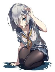 Rule 34 | 10s, 1girl, ;|, adjusting hair, black pantyhose, blue eyes, blue skirt, blush, breasts, buttons, cleavage, collarbone, expressionless, eyes visible through hair, hair ornament, hair over one eye, hairclip, hamakaze (kancolle), hand in own hair, hanging breasts, kantai collection, looking at viewer, medium breasts, moriyama yuuki, mouth hold, one eye closed, pantyhose, pleated skirt, school uniform, serafuku, shirt, short hair, short sleeves, silver hair, skirt, solo, unworn hair ornament, unworn hairclip, water, wet, wet clothes, wet shirt, white shirt