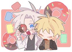 Rule 34 | 2boys, atou haruki, black jacket, blonde hair, blue eyes, blush stickers, brown sweater, chinese commentary, closed eyes, colored eyelashes, commentary request, doughnut, food, ganyibeiqixi, grey shirt, hand on another&#039;s shoulder, holding doughnut, jacket, kanou aogu, lab coat, long sleeves, male focus, multiple boys, open mouth, outline, saibou shinkyoku, shirt, short hair, smile, sweater, turtleneck, turtleneck sweater, white hair, white outline