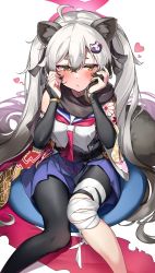 Rule 34 | 1girl, ahoge, animal ears, blue archive, blush, breasts, detached sleeves, grey hair, hair ornament, halo, heart, highres, looking at viewer, michiru (blue archive), pantyhose, scarf, school uniform, sitting, small breasts, tail, uniform, white background, yoku yoo