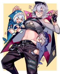 Rule 34 | 3girls, absurdres, ahoge, animal costume, animal hood, belt, blue eyes, blue hair, breasts, cape, carrying, carrying person, chibi, cleavage, cleavage cutout, clothing cutout, commentary, crossover, crying, crying with eyes open, english commentary, fingerless gloves, gawr gura, girls&#039; frontline, gloves, grey hair, grin, hat, highres, hololive, hololive english, hood, m200 (girls&#039; frontline), midriff, multiple girls, navel, one eye closed, pants, second-party source, shark costume, shark hood, sharp teeth, sl8 (girls&#039; frontline), smile, tears, teeth, trait connection, virtual youtuber, yellow background, yuutama2804