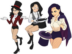 Rule 34 | 1girl, bad id, bad twitter id, black eyes, black hair, bow, bowtie, commentary, dc comics, english commentary, fishnets, hair behind ear, hat, jacket, jodocho, justice league, long hair, magician, multiple views, open mouth, simple background, top hat, unworn jacket, waistcoat, white background, white neckwear, zatanna zatara